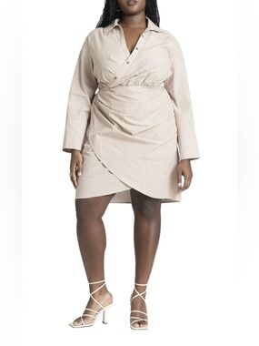 Eloquii Womens Plus Size 20 Wrap Shirt Dress Brown White Stripe 100% Cotton